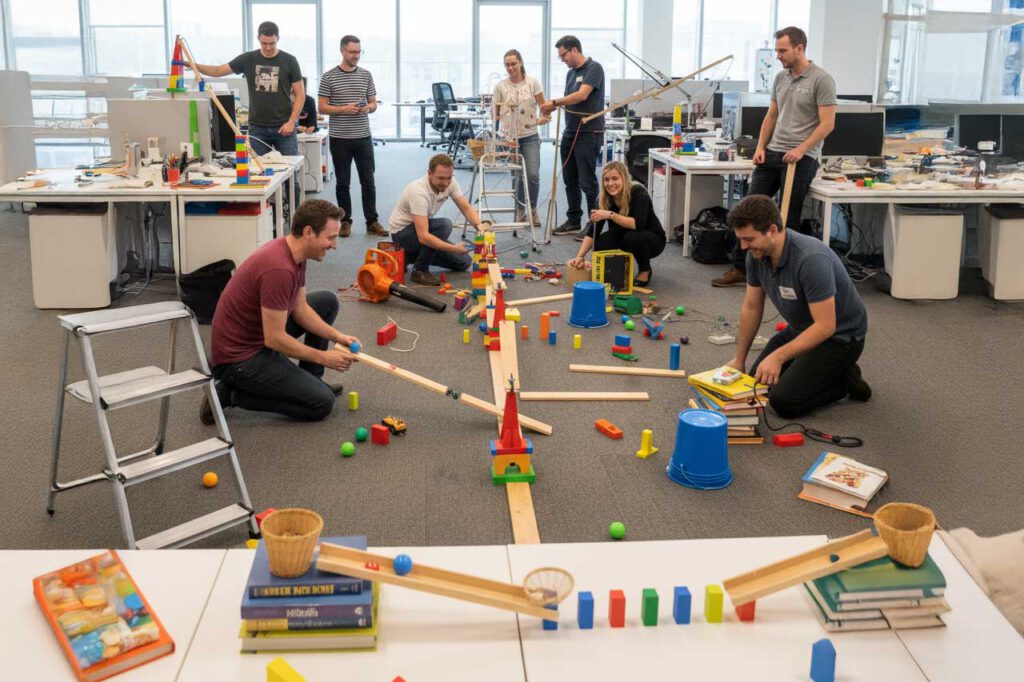 Impulskette Teambuildidng Event, Teambulding Events, Kettenreaktion, Firmenfeier, Emmerich Events