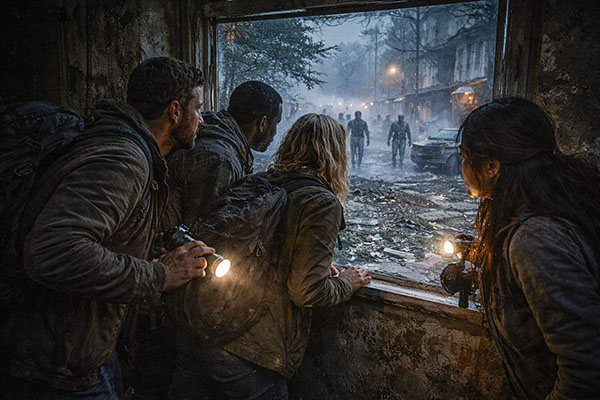 Teilnehmer der Living Dead Experience beobachten Zombies aus einem verlassenen Gebäude