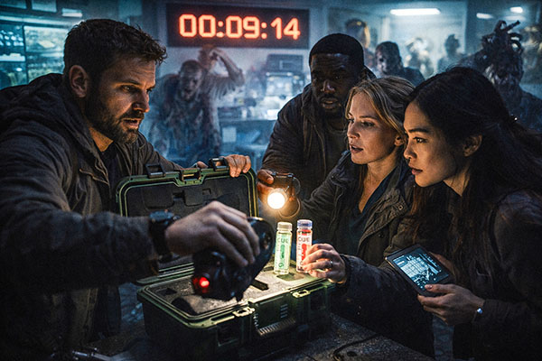 Gruppe von Teilnehmern untersucht Virusproben im Labor beim Zombie Virus Grusel Event