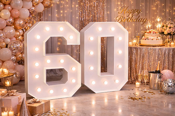 XXL Zahl 60 mieten, Leuchtzahl 60, Geburtstagsdeko, Leuchtende XL Zahlen mieten, Leuchtbuchstaben, Leuchtende XXL Symbole mieten, rund um Ihre Hochzeit